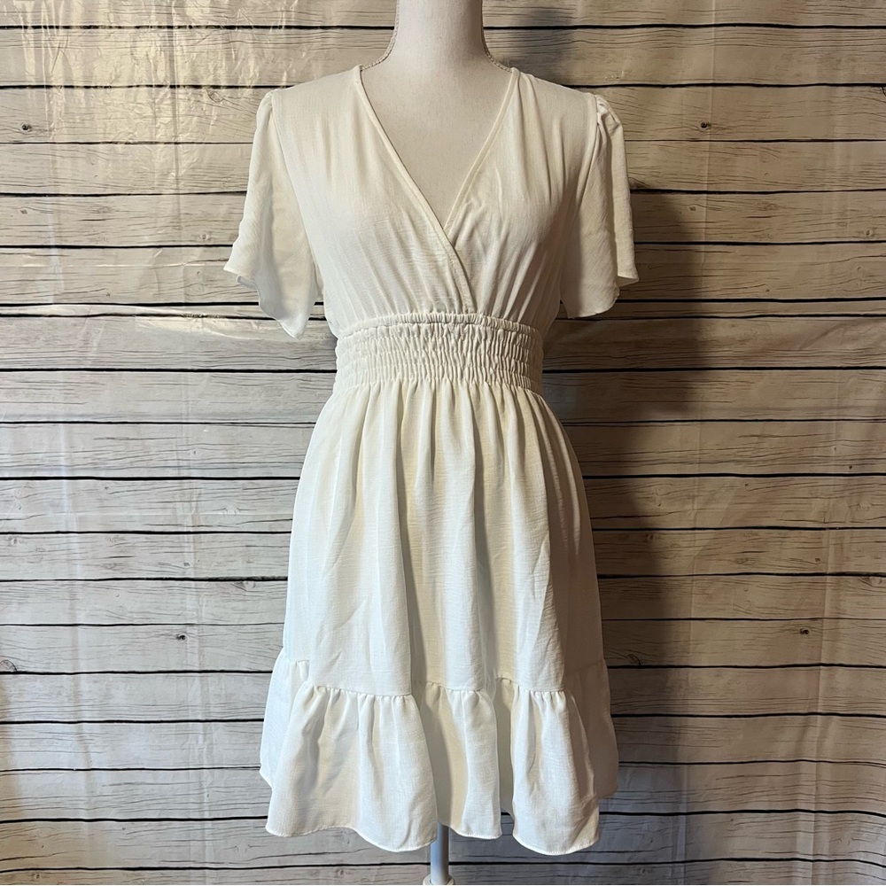 Altar'd State White Smocked-Waist V-Neck Mini Dress